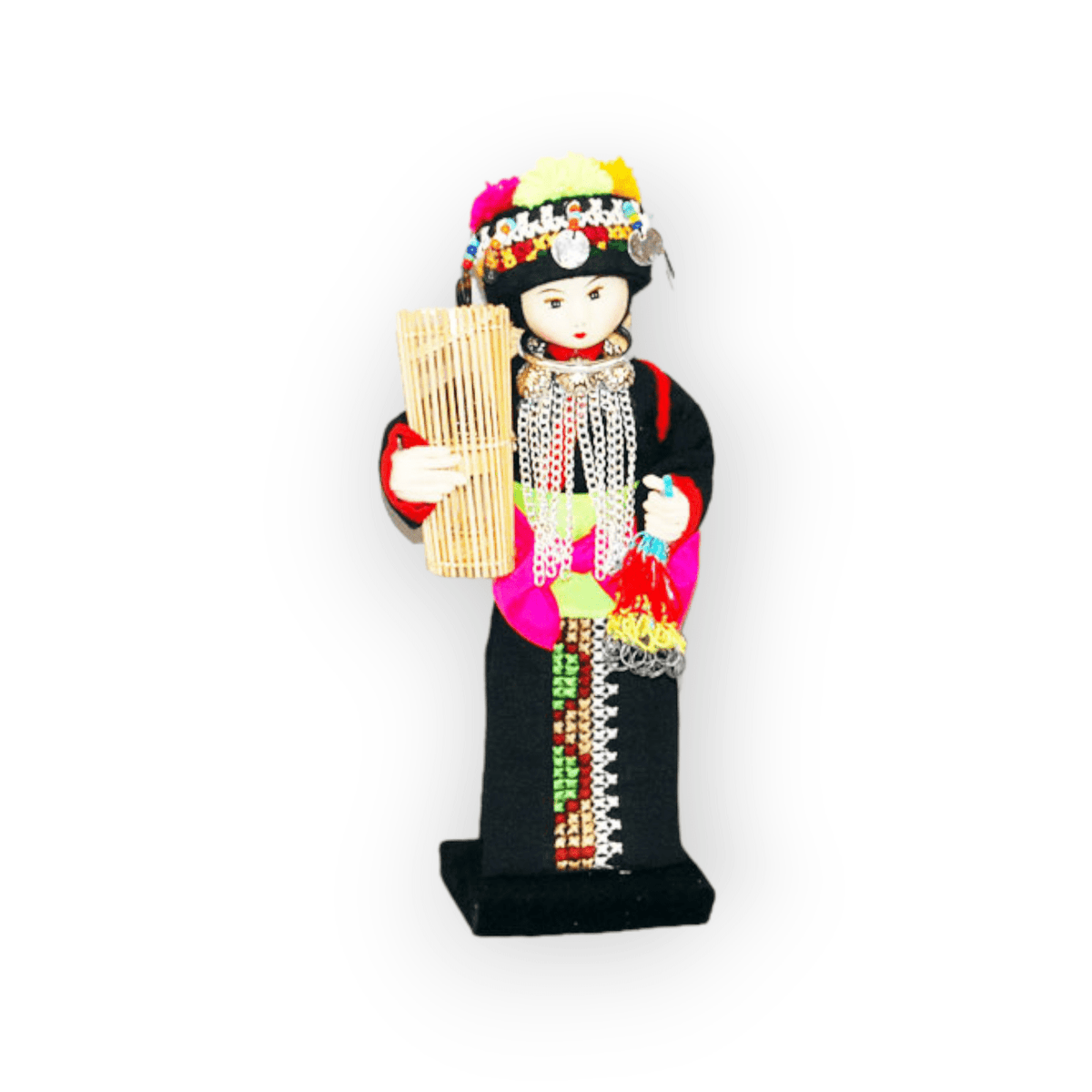 Hill tribe doll in Meo or Mong black traditional costume on a stand