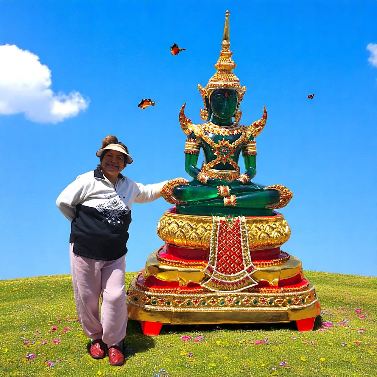 Emerald Buddha replica in green with gold attire on a tiered red and gold base, with a person for scale