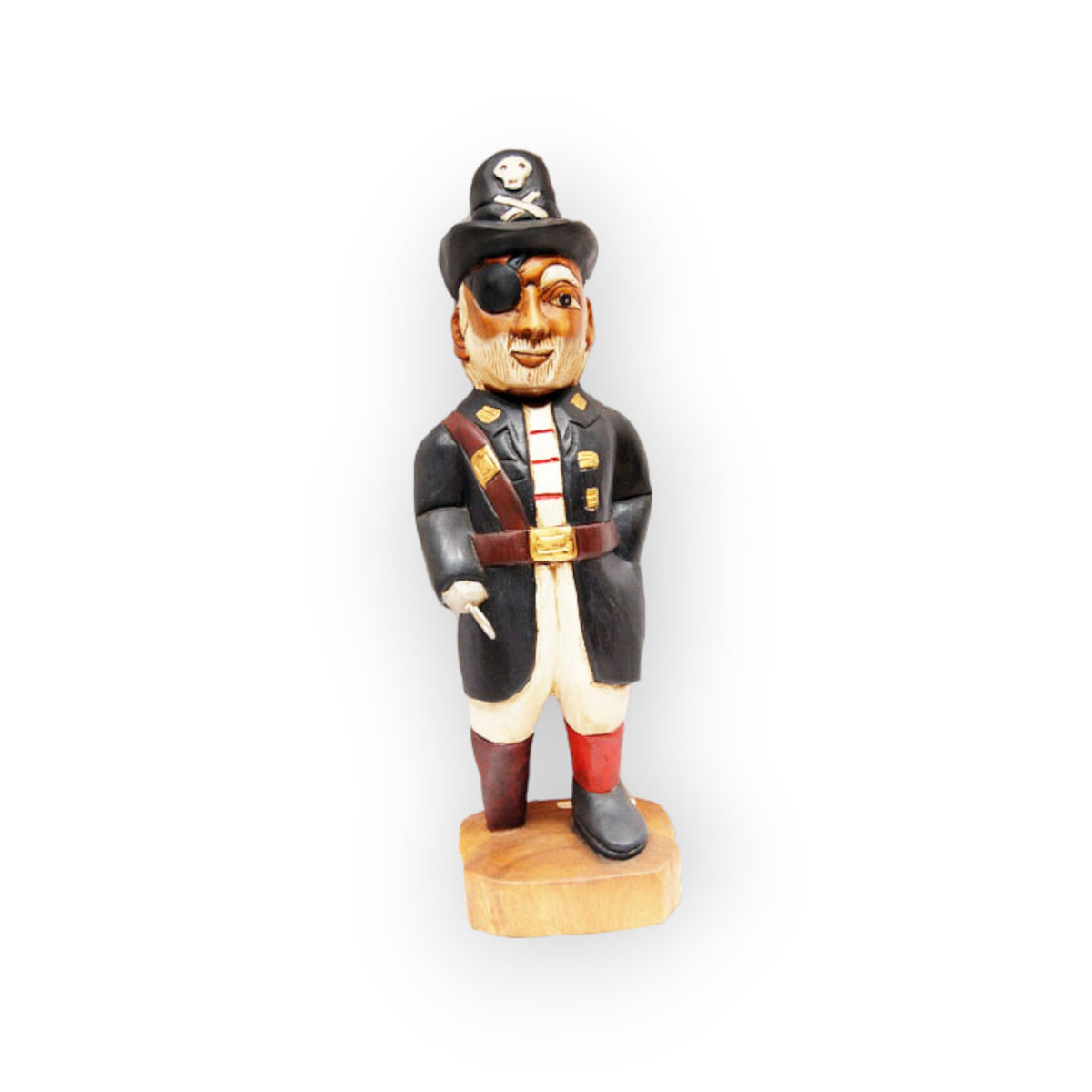 Carved wooden pirate statue, 20 inches tall, painted coat and hat