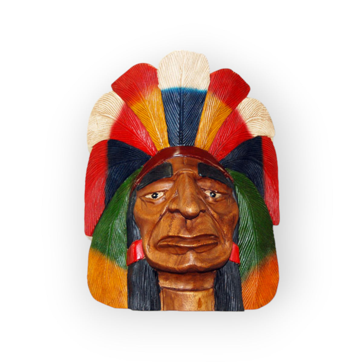 Carved wood chieftain head with painted headdress, front view