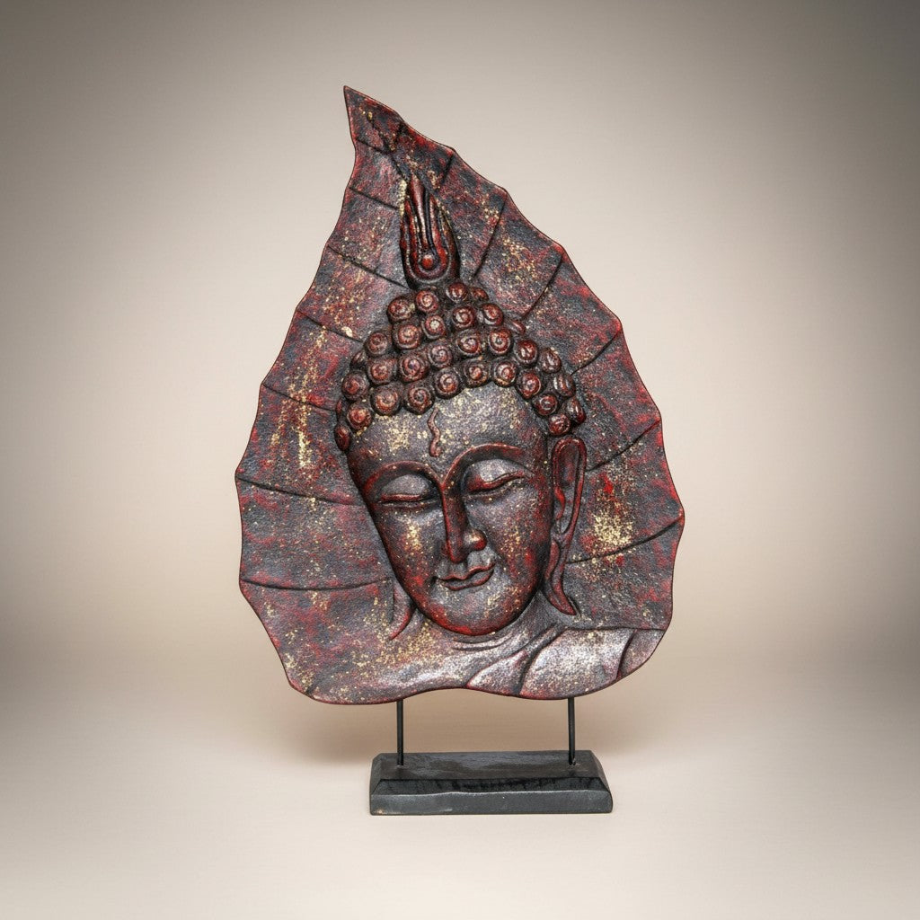 Red-brown leaf-shaped plaque carved with a bronze-toned Buddha face on a black stand