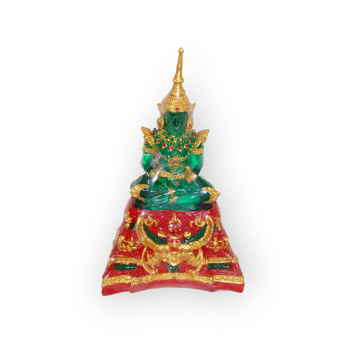Emerald Buddha Resin Replica Summer Attire 11 inch tall, front view showing gold summer robes and green jadeite finish