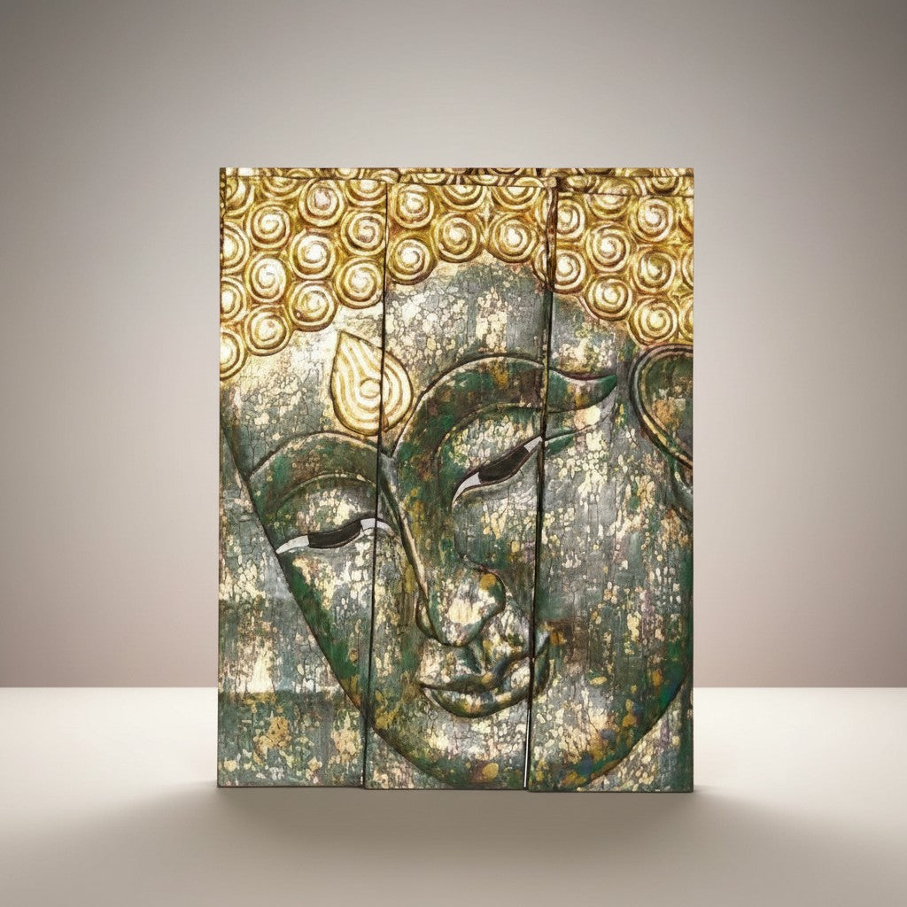 Three-panel Buddha face wall hanging in green with gold accents, 10 x 12 inches