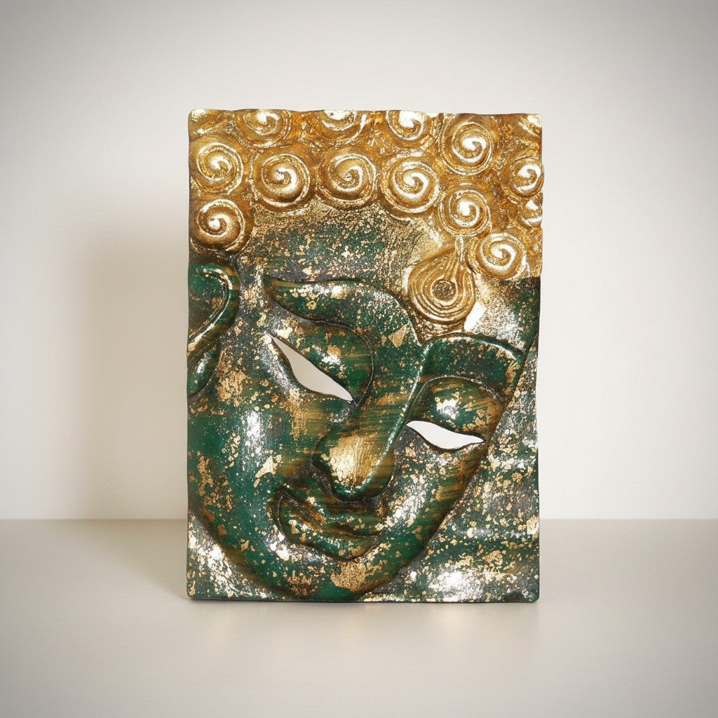 Buddha face wall plaque in green with gold swirl hair