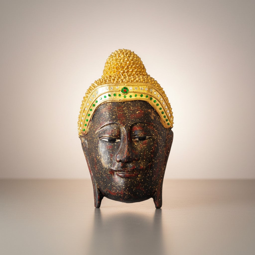 Carved wood Buddha head with a dark speckled lacquer face and a gold crown with green stones
