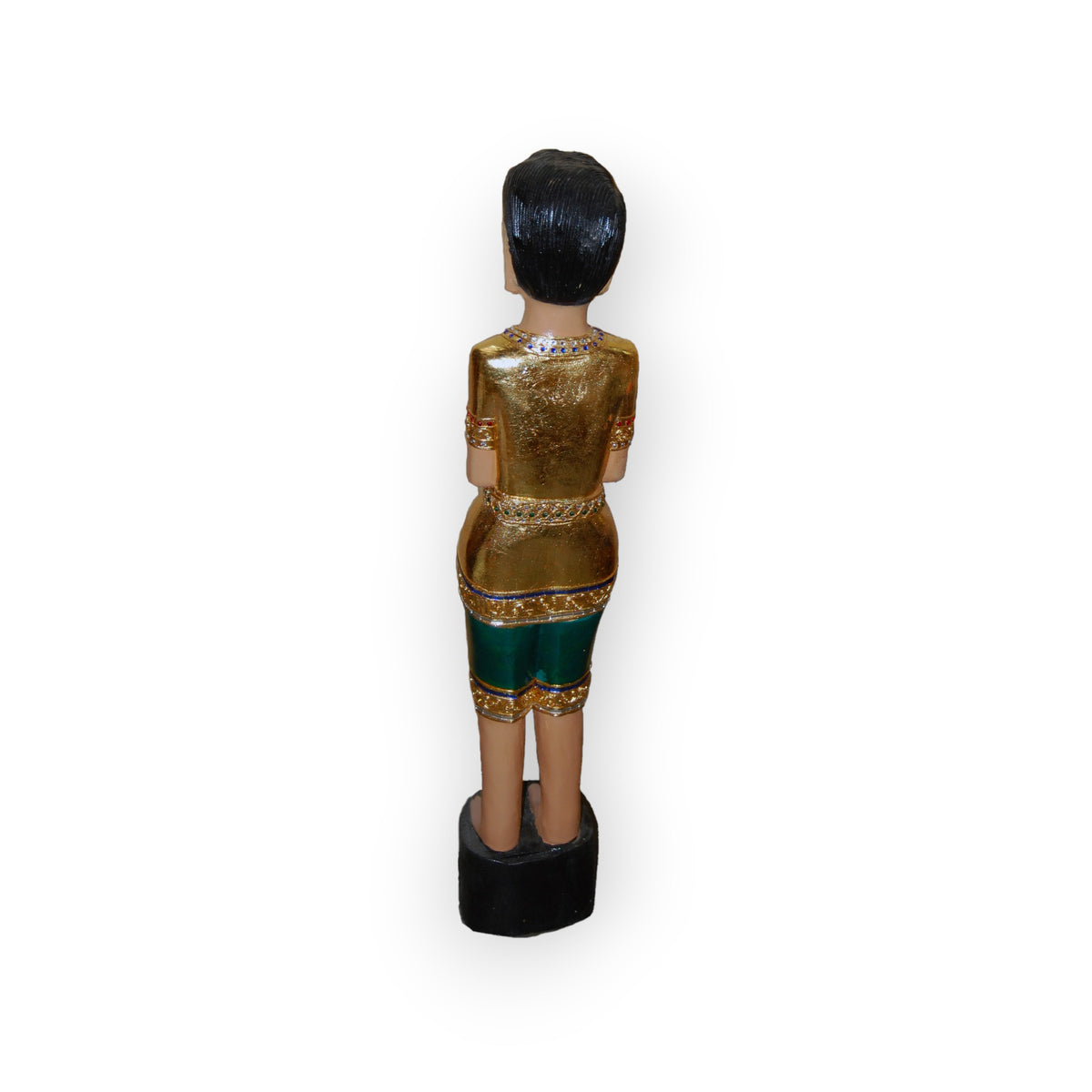 Carved wood Sawasdee statue of a Thai boy in green with hands together, back view
