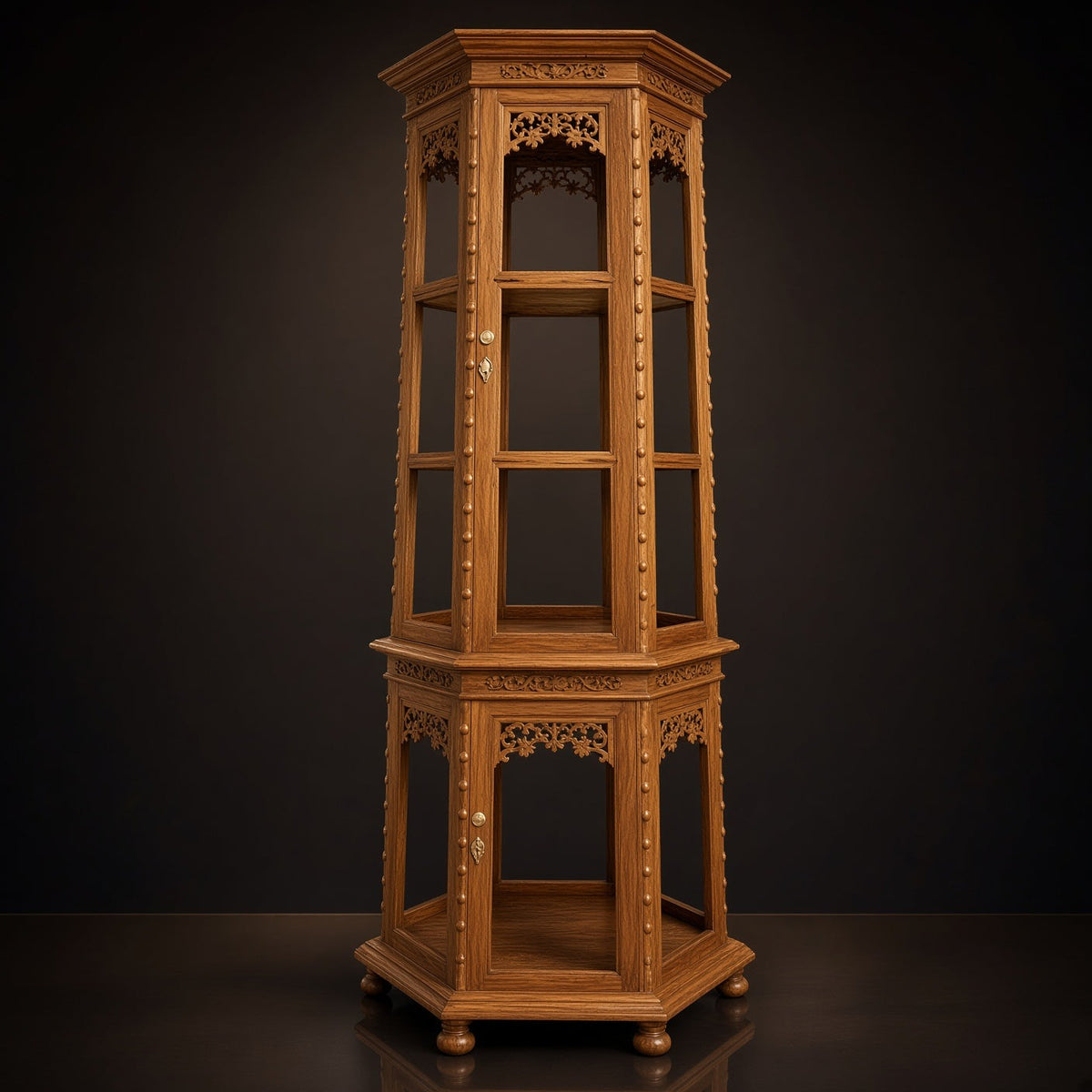 Six-sided teak curio cabinet with glass shelves and carved trim