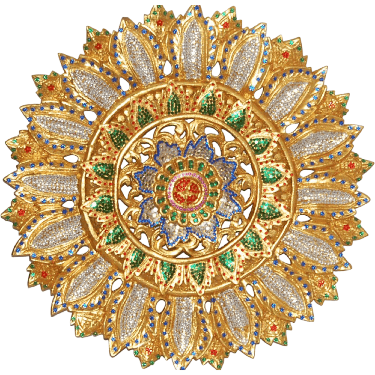 Round carved teak wall dรฉcor with gold petals and colored inlay, 23 inches