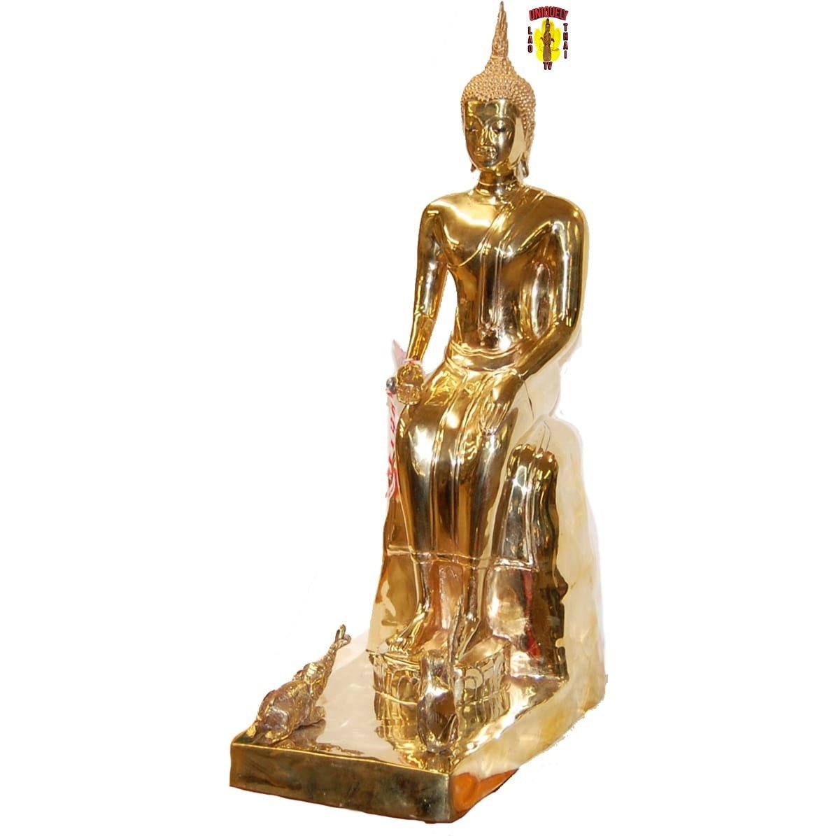 Cast bronze Phra Lae Lei Buddha seated on a rock-style base