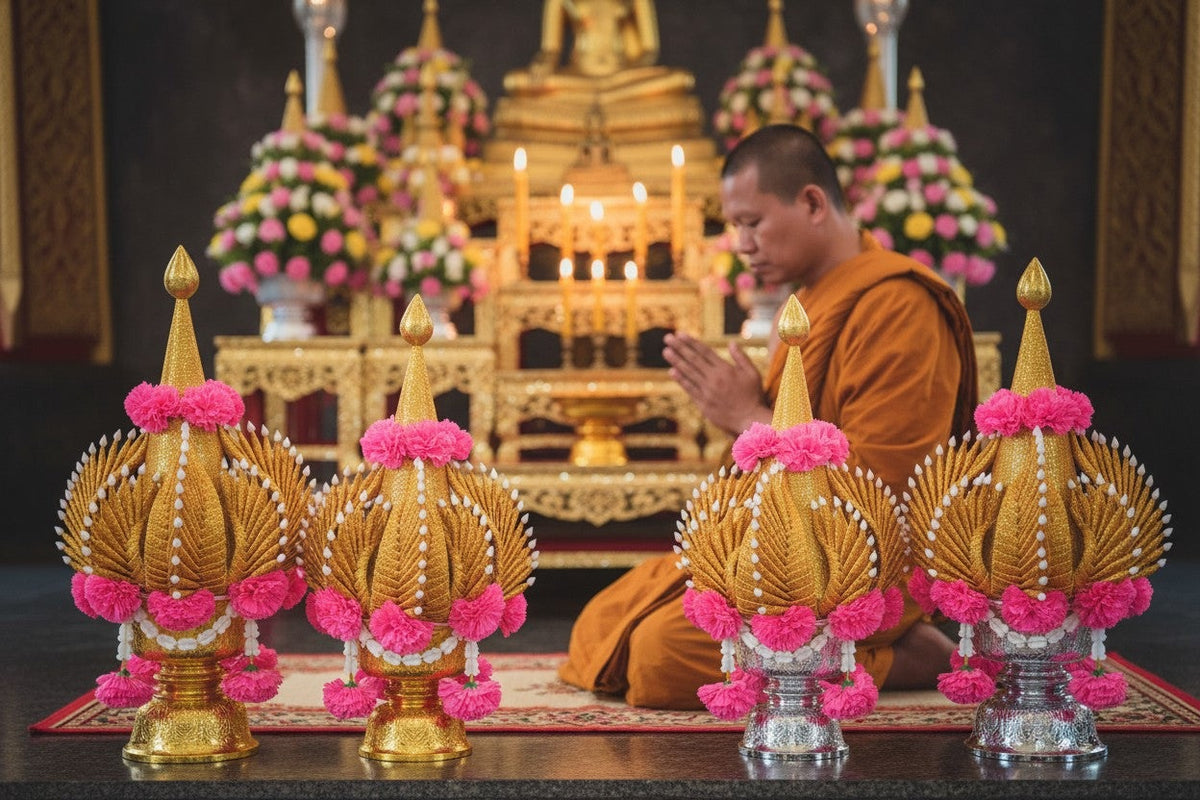 Set of Buddhist altar decorations in front of an altar with a monk