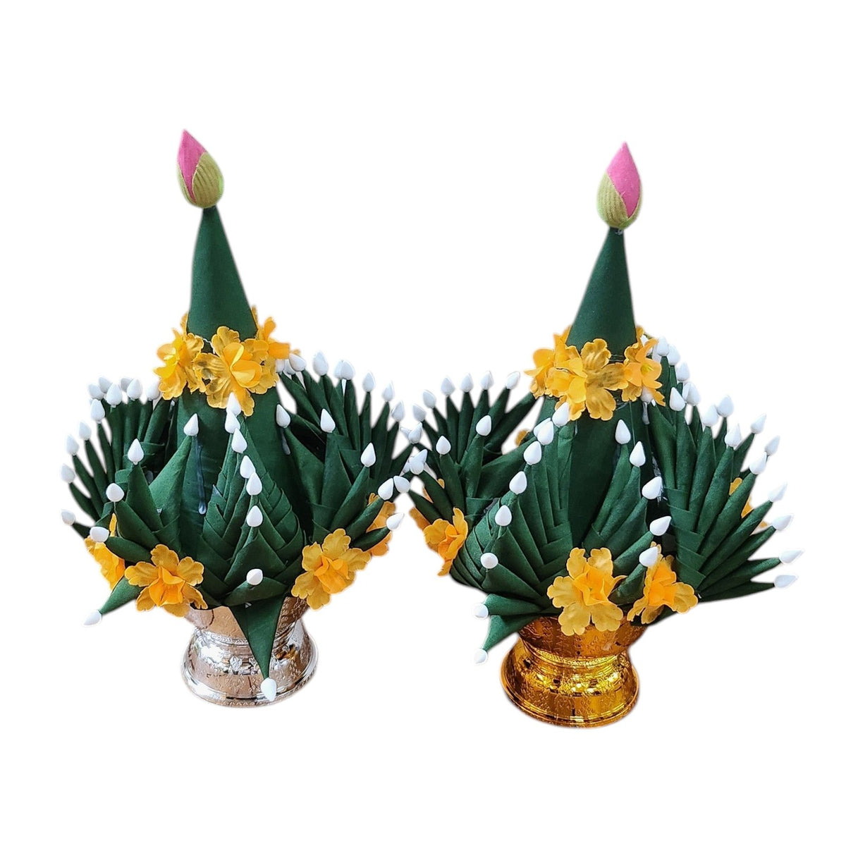 Pair of Buddhist altar decorations with green leaves, lotus buds and yellow flowers