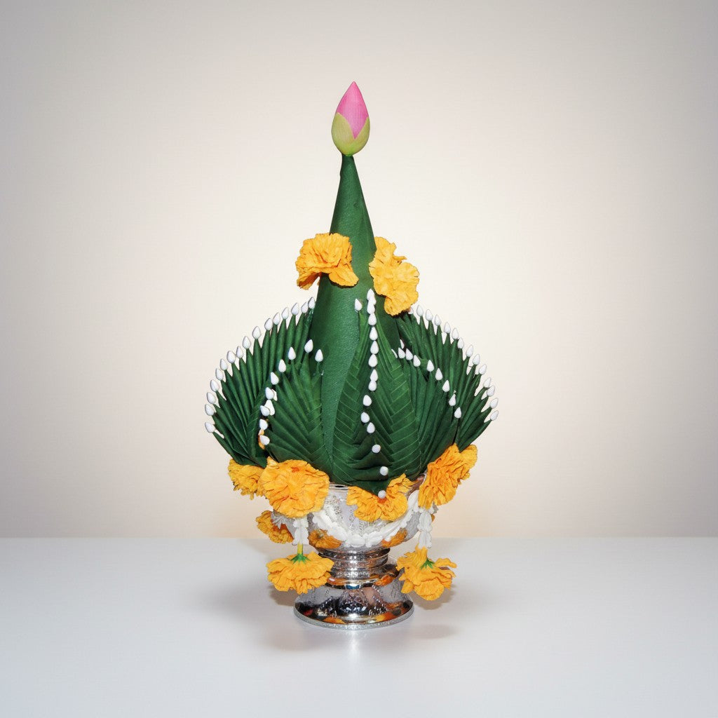 18-inch Buddhist altar decoration with green leaves, orange marigolds, and a pink lotus bud on a chrome-finished aluminum base