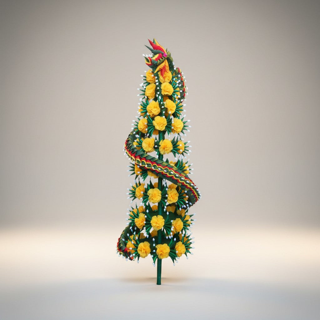 Altar decoration with yellow flowers and naga spiral, plain background