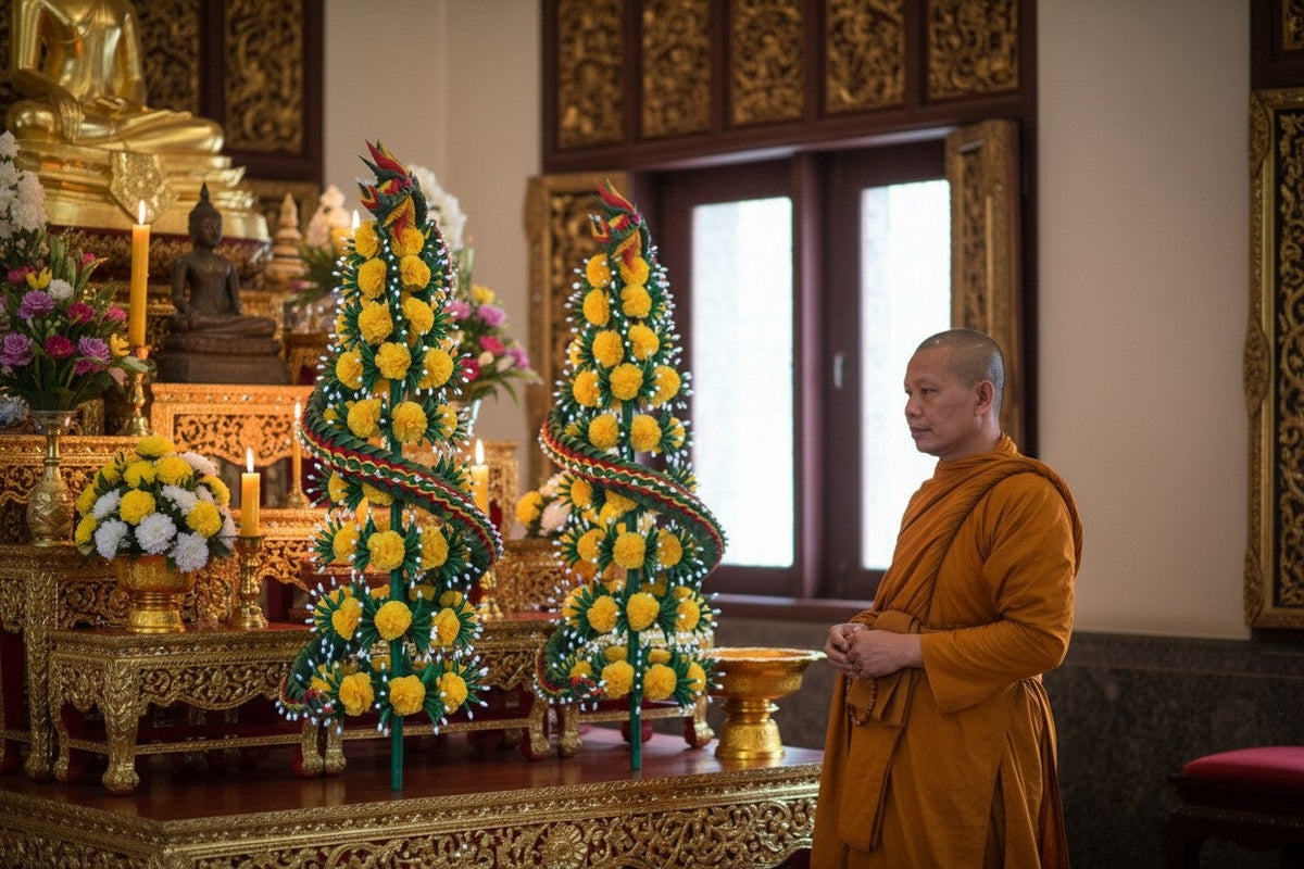 Buddhist altar decorations with yellow flowers and green naga spirals beside an altar