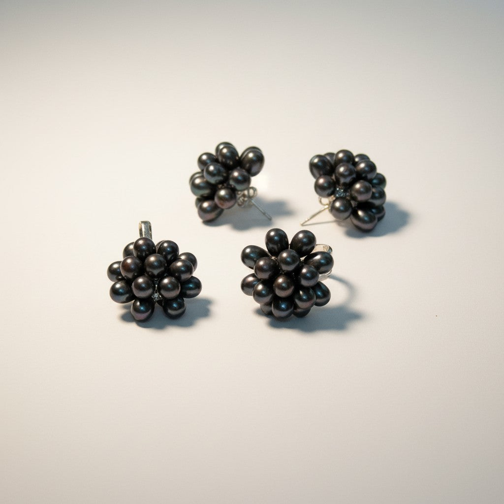 Black pearl cluster earring set