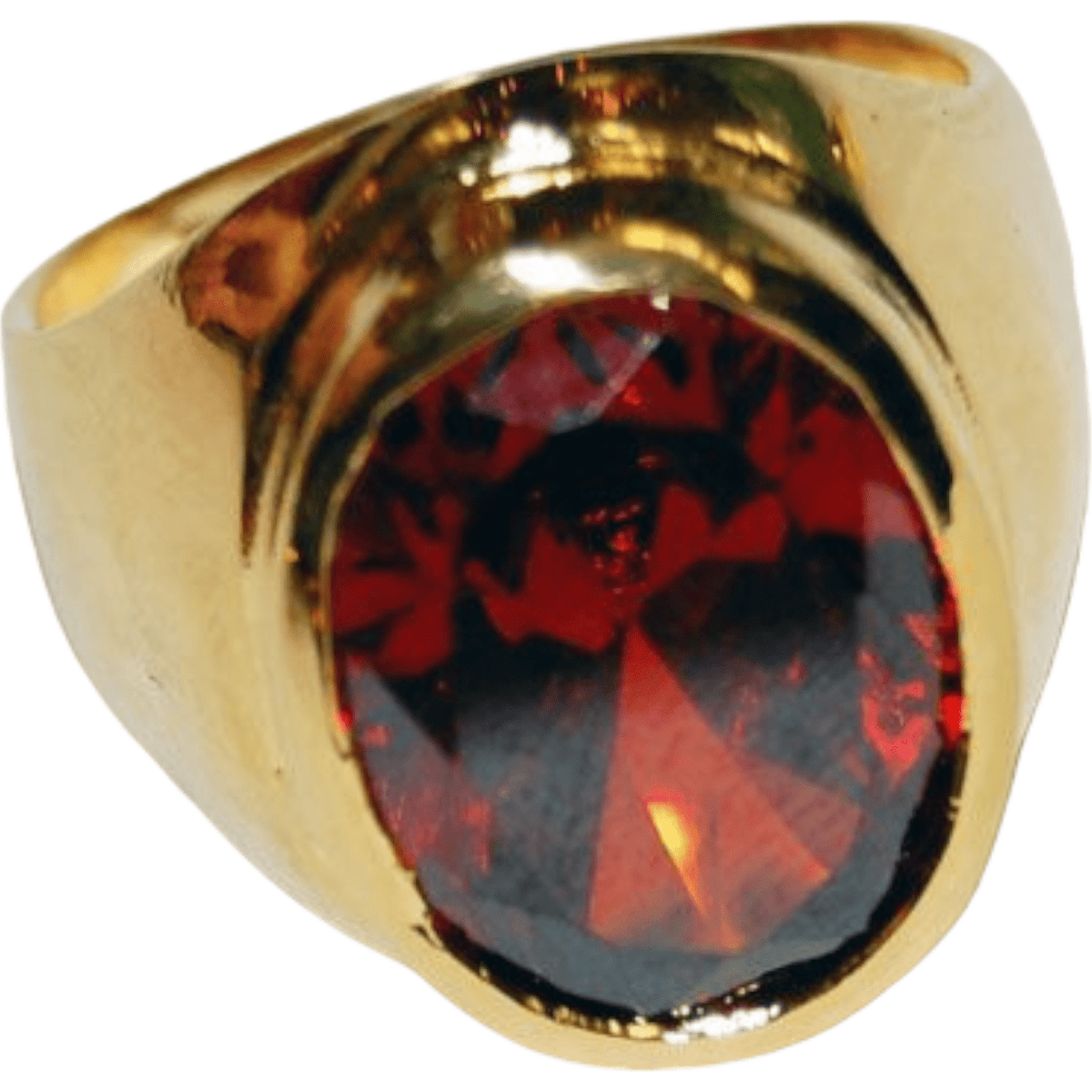 Close view of the men's gold-dipped size 9 ring with an oval dark red synthetic stone in a smooth bezel on a wide band