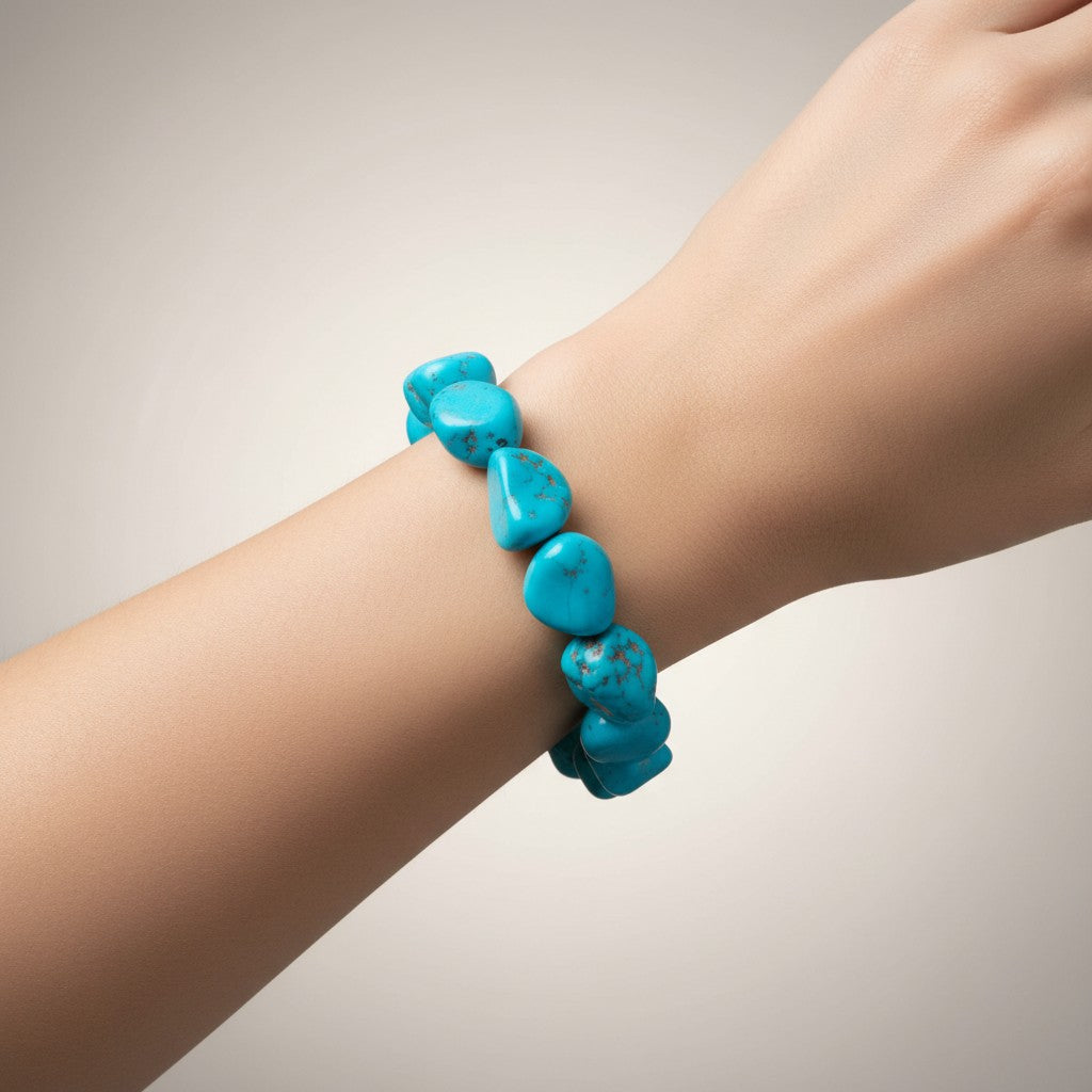 Turquoise-color large stone bracelet worn on a wrist