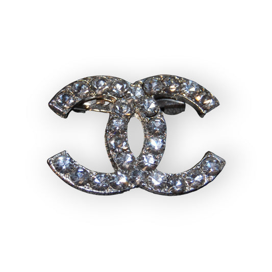 Silver Plated CC Brooch with Cubic Zirconia 1-1/8" Wide