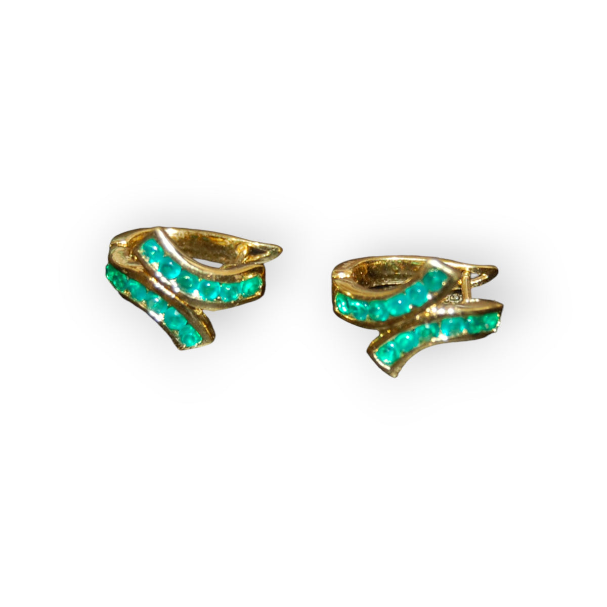Gold-dipped earrings with green emerald-color stones