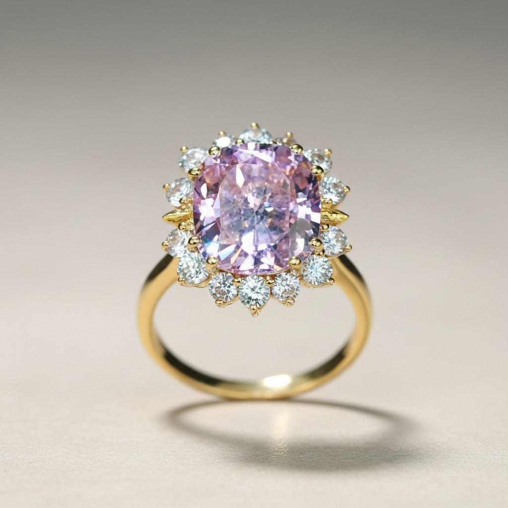 Gold-dipped size 8 ring with a large oval pink stone surrounded by a halo of small clear stones