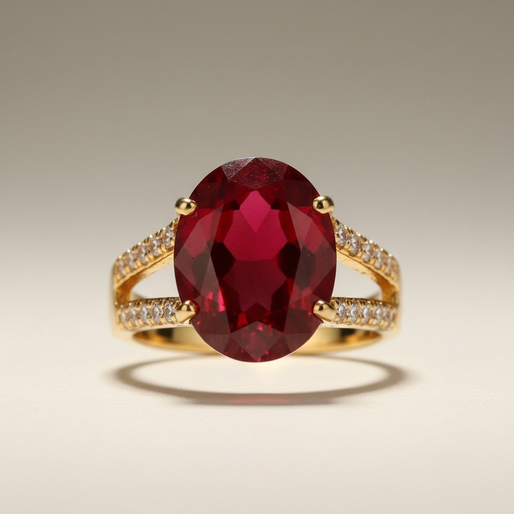 Gold-dipped size 6 ring with a large oval red stone and small clear stones along the band
