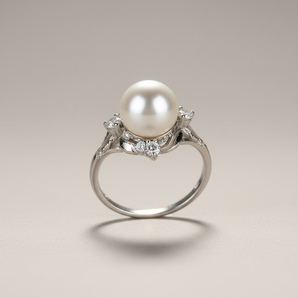 Silver ring with a single white pearl