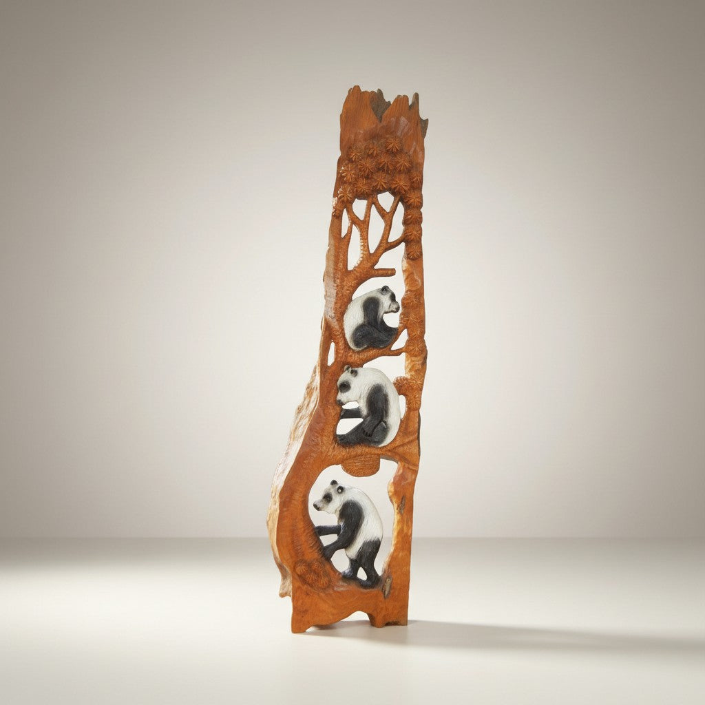 Tall carved teak panel with panda bears, 30 x 14 inches