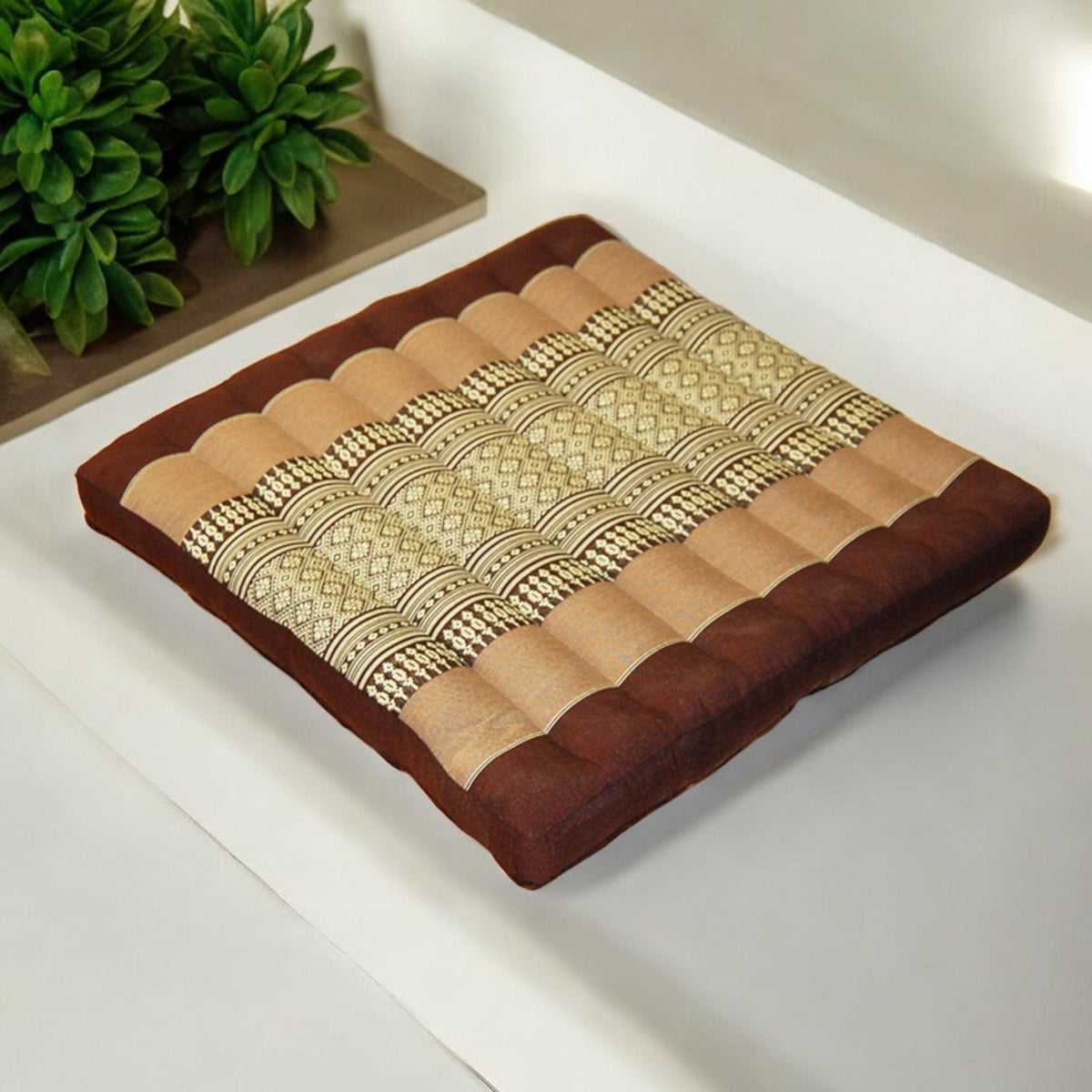 Kapok-filled meditation cushion, 20 x 20 x 2 inches, brown and cream