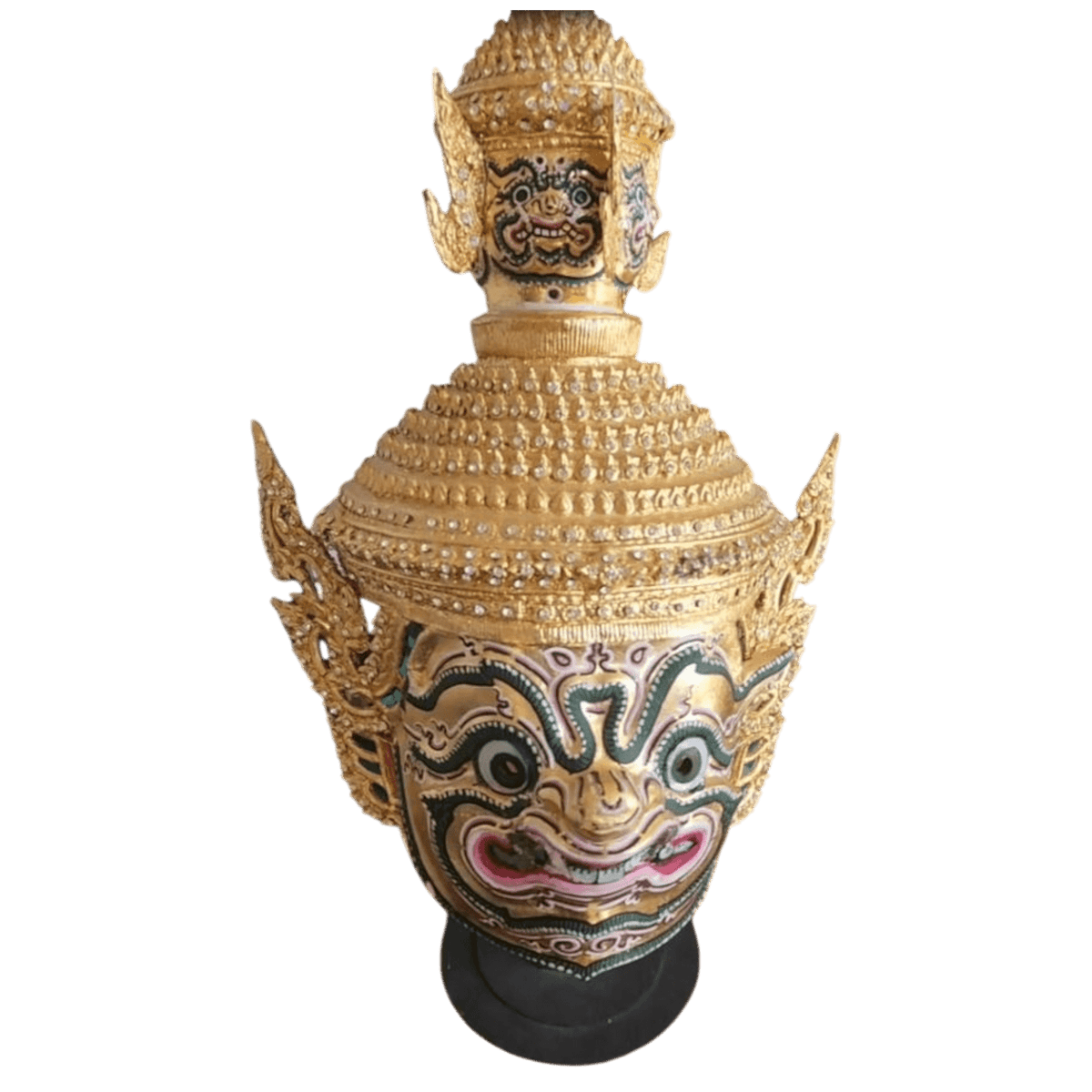 Hanuman head with gold Manohra-style headdress on a green background