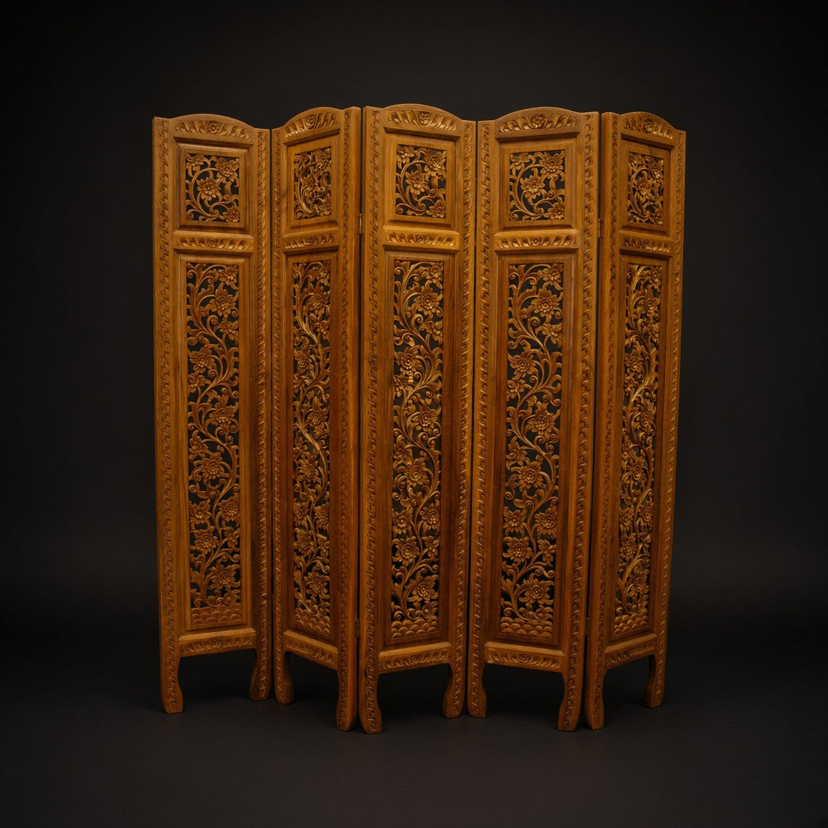 Five-panel carved teak room screen with floral openwork, 65.5 x 70 inches