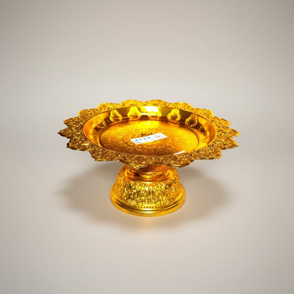 Gold-finish footed serving stand with scalloped rim