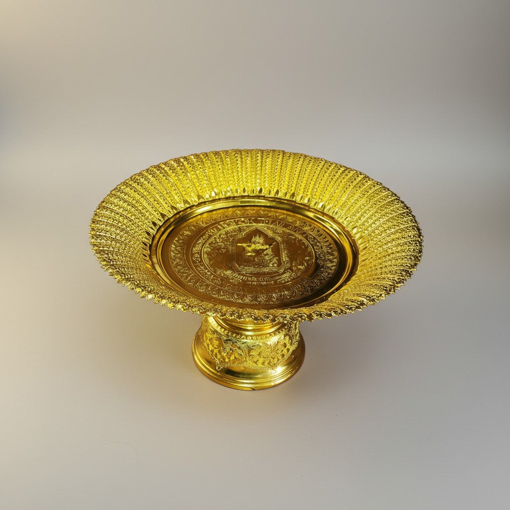 Gold aluminum offering tray, 14 inches across, on a pedestal foot with a stamped center, shown on a gray background