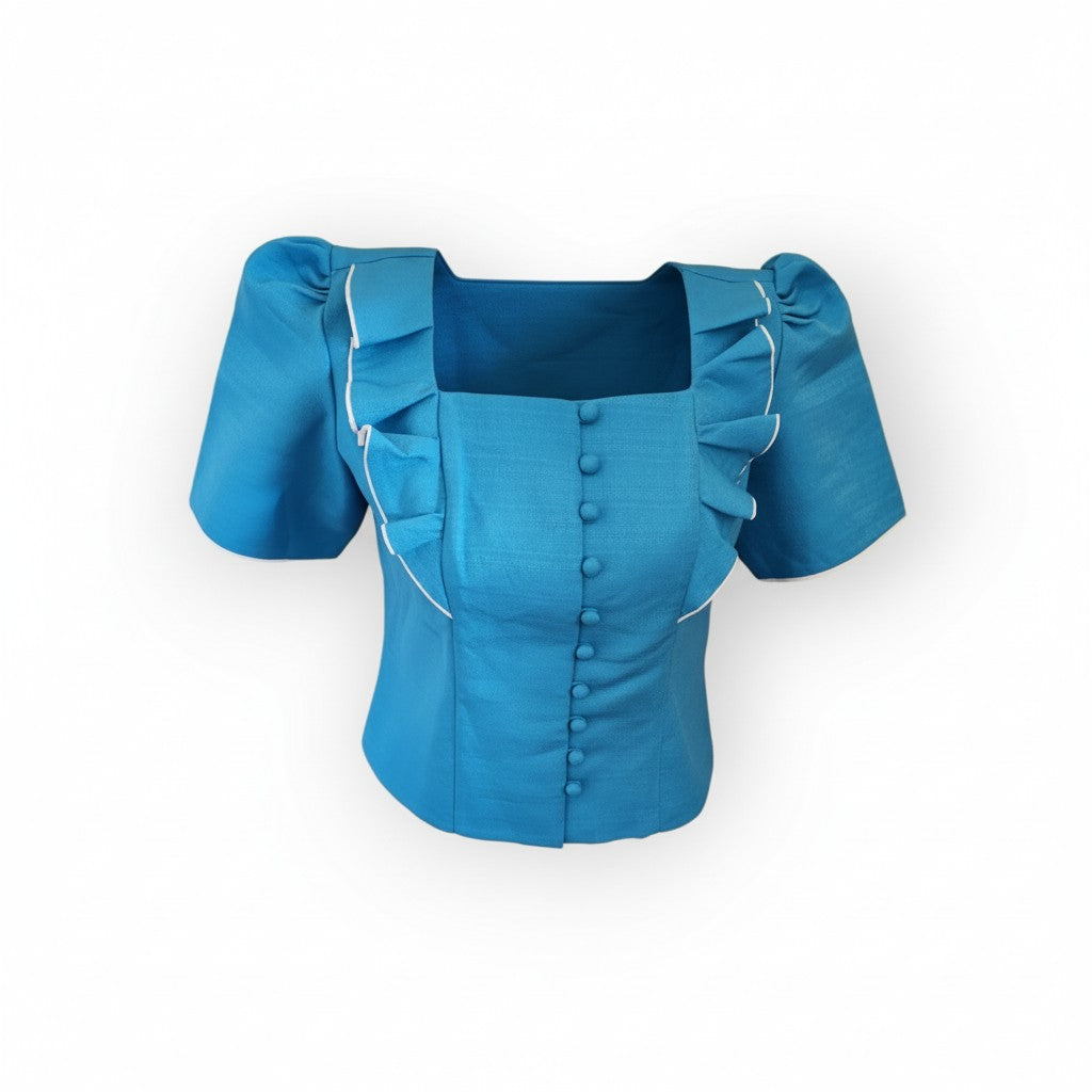 Turquoise Thai-Lao blouse with square neckline and puff sleeves