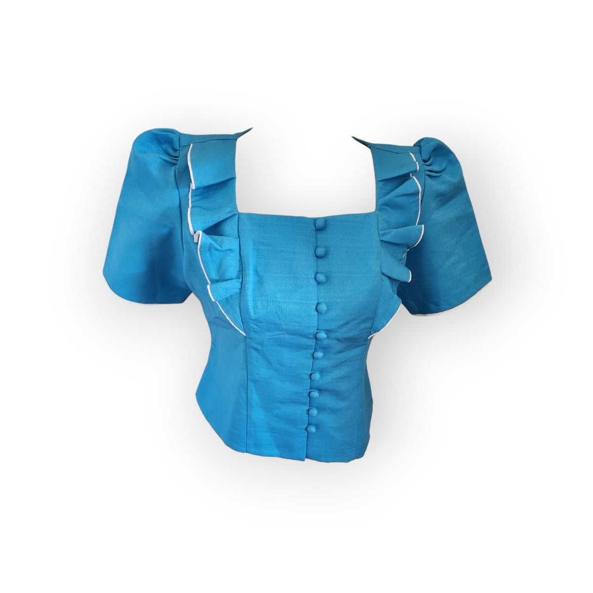 Turquoise square-neck Thai-Lao blouse with ruffle trim, second view