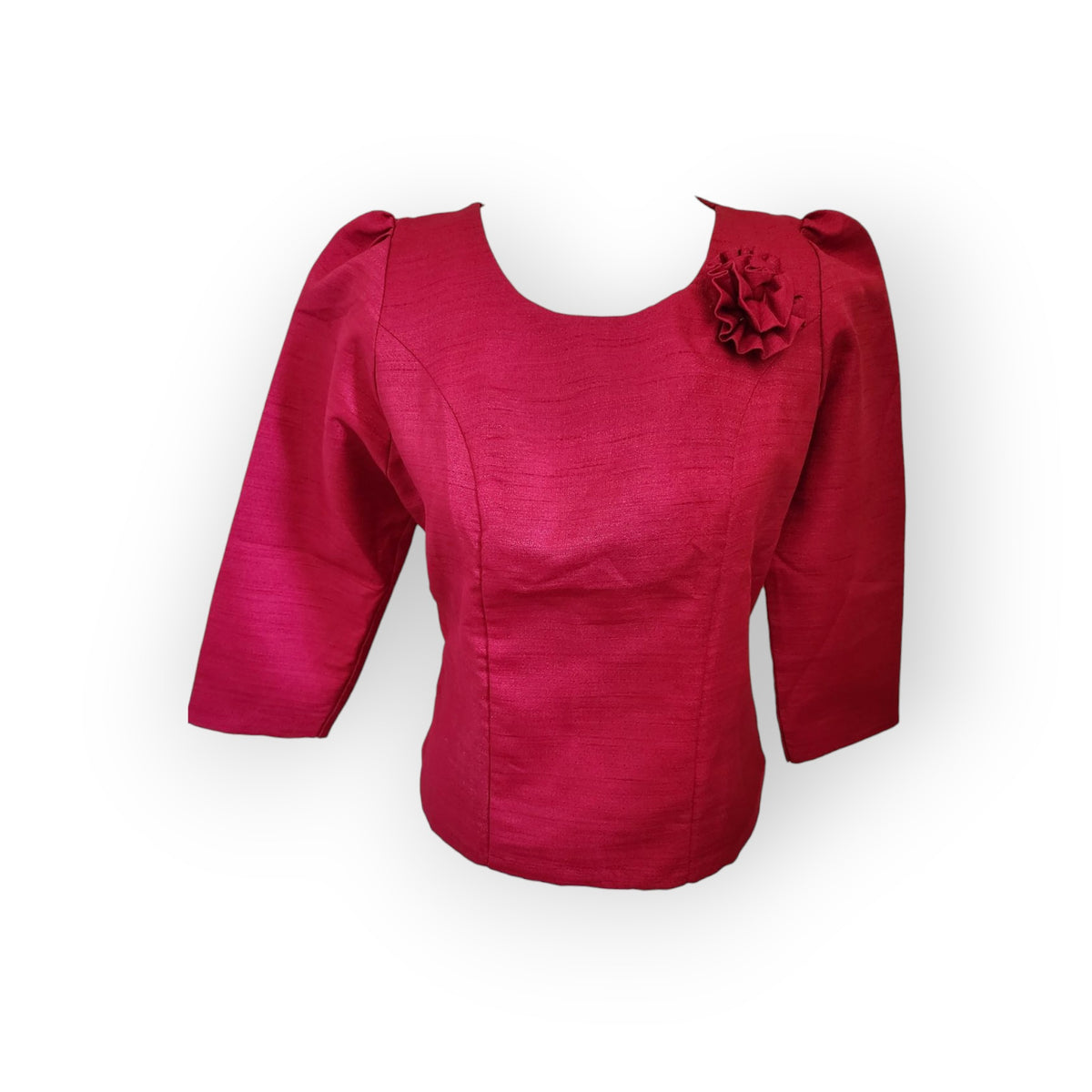 Raspberry red Thai-Lao blouse with flower brooch at the collar