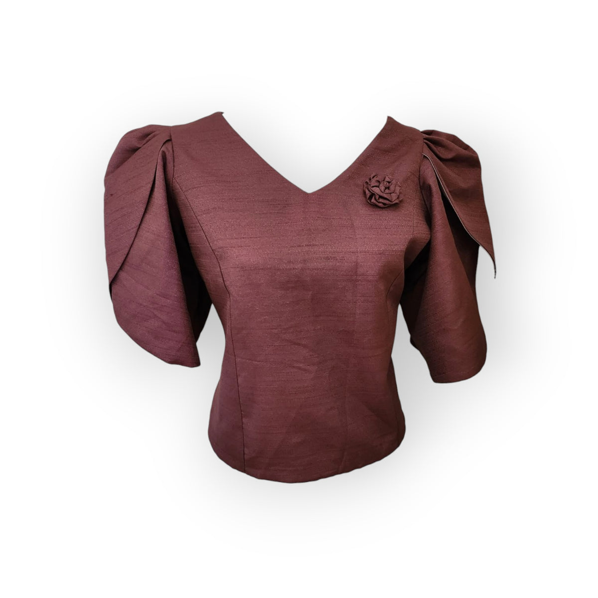 Brown Thai-Lao blouse with V neckline and petal sleeves