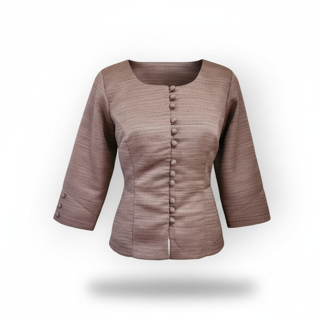 Taupe woven Thai-Lao blouse with covered buttons