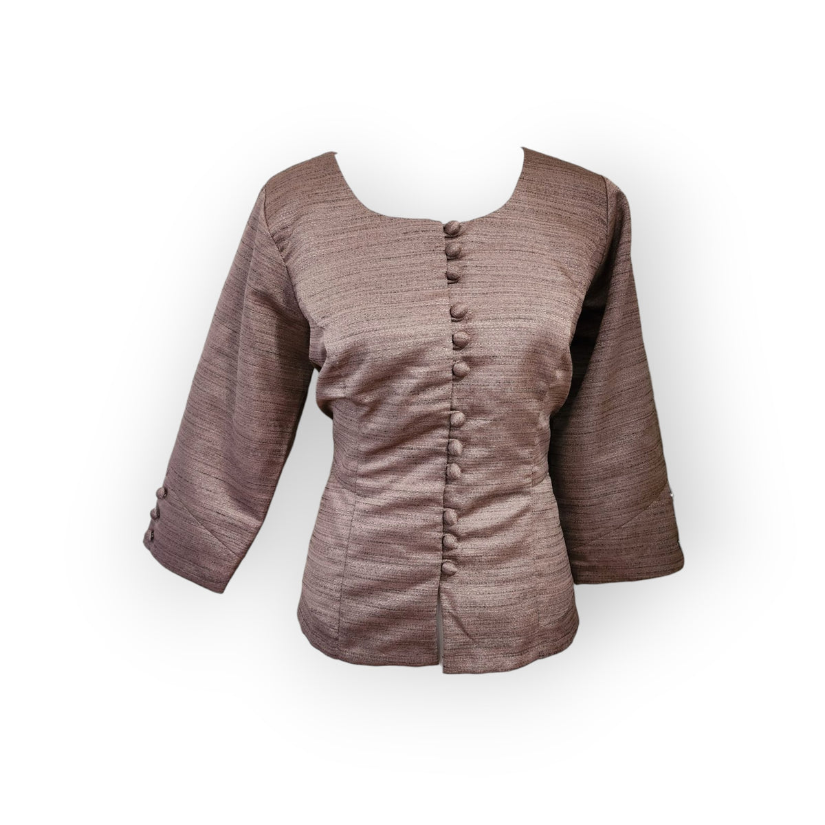 Taupe woven Thai-Lao blouse, side view