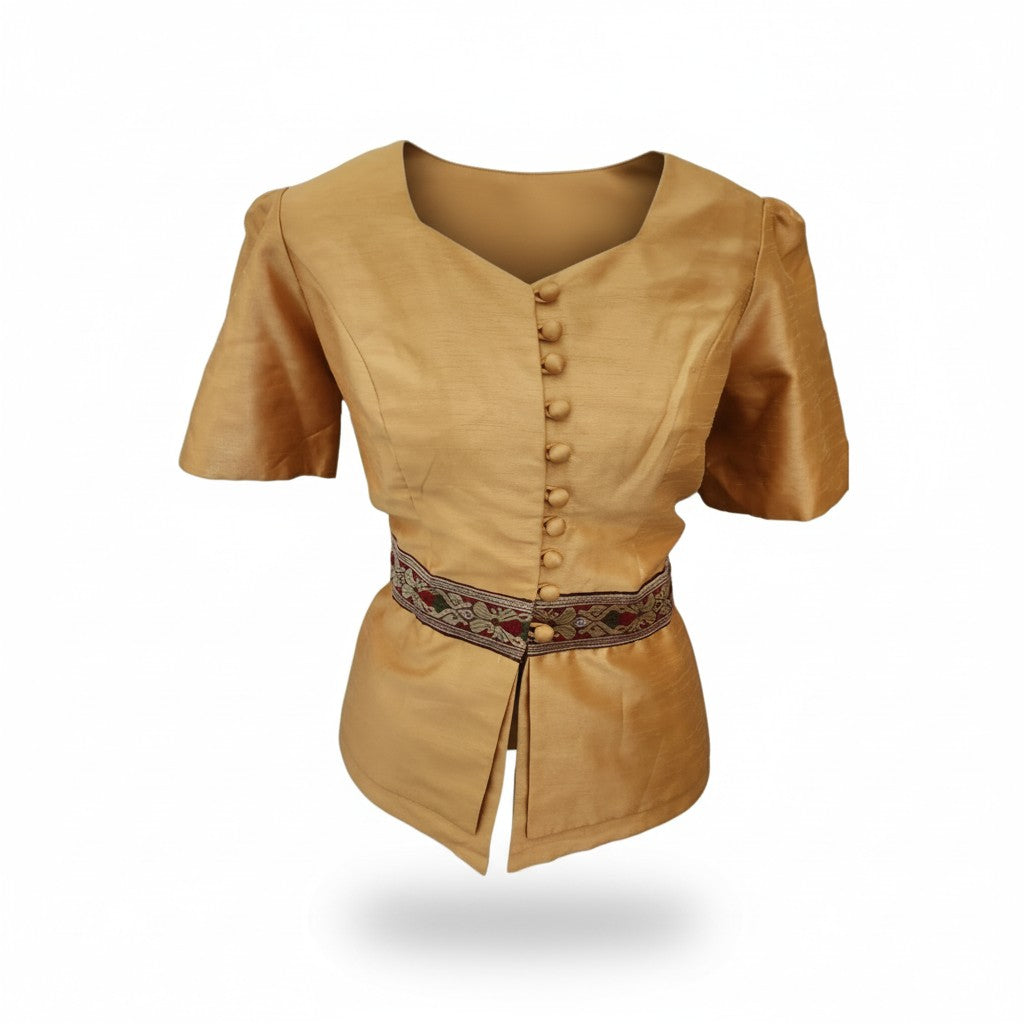 Gold short-sleeve Thai-Lao blouse with patterned waist band