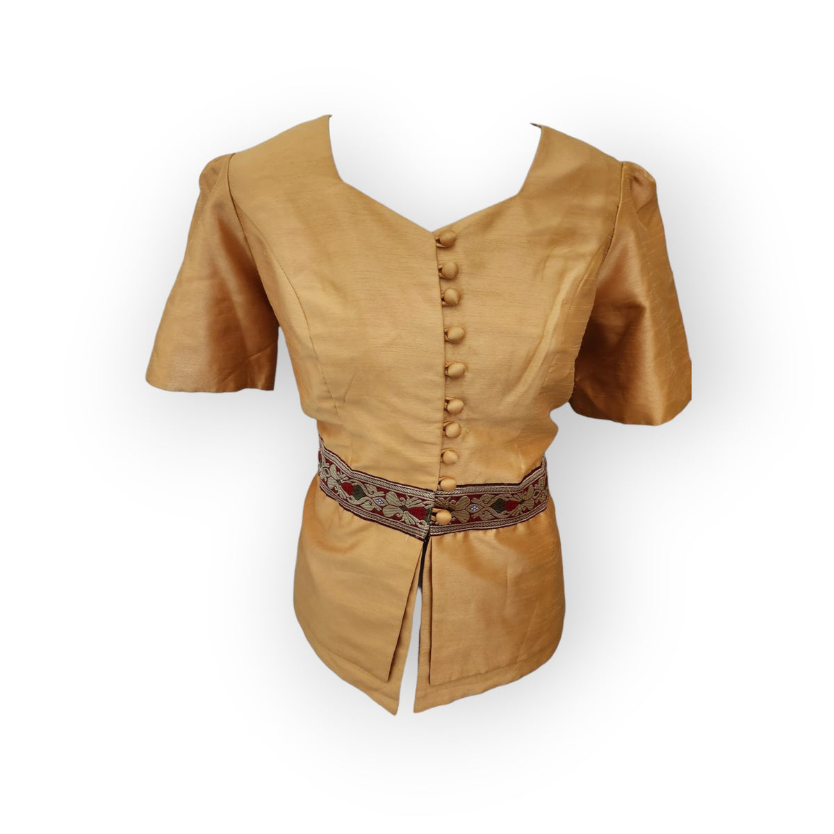 Gold silk-look Thai-Lao blouse with embroidered waist band