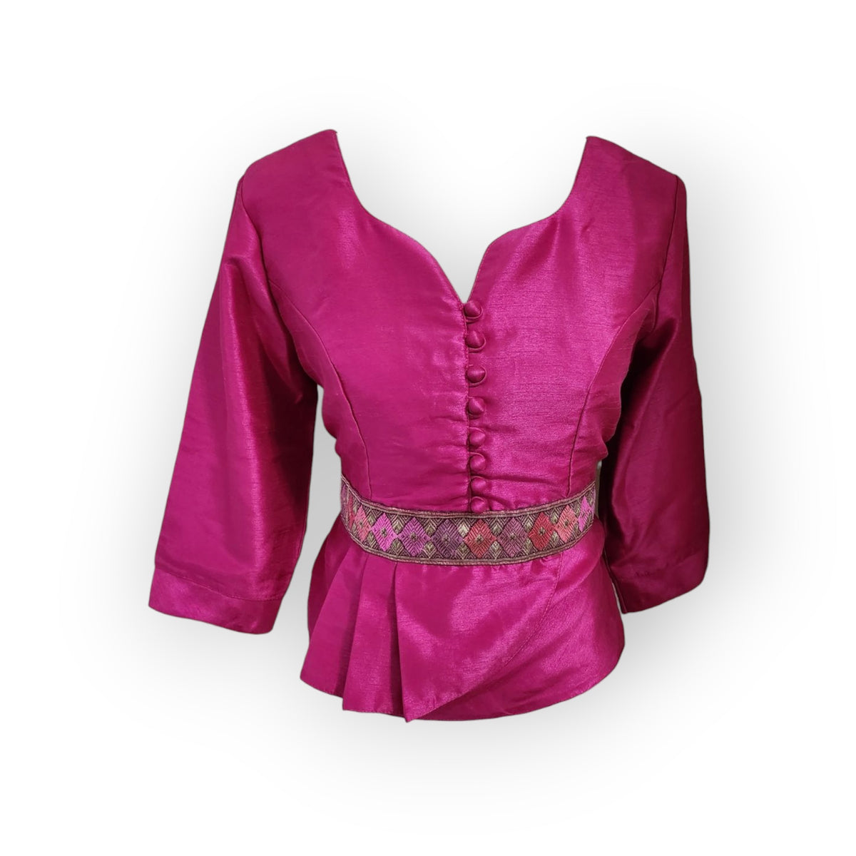 Magenta Thai-Lao blouse with V neckline and embroidered band