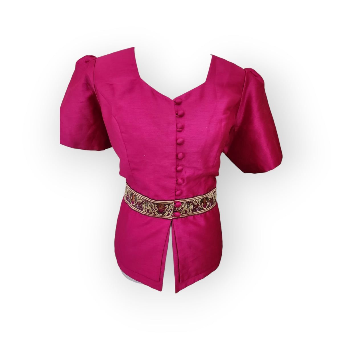 Magenta short-sleeve Thai-Lao blouse with embroidered waist band