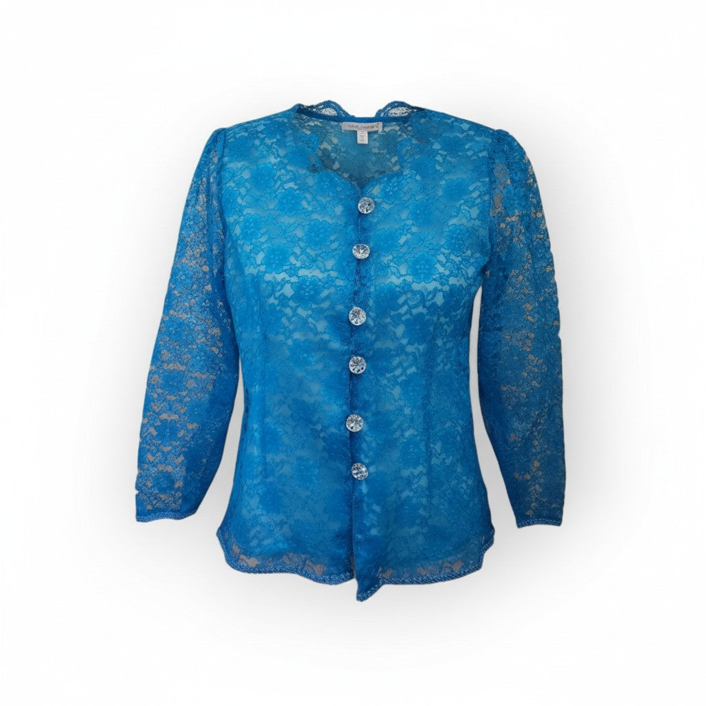 Blue lace Thai-Lao blouse with long sleeves and buttons