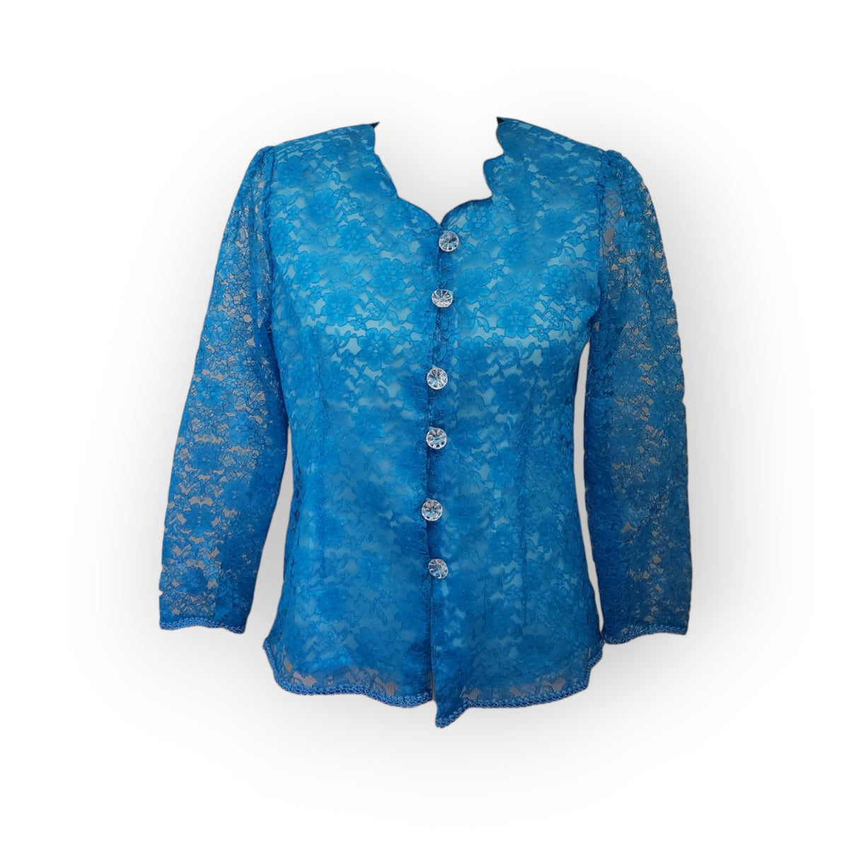 Blue lace long-sleeve Thai-Lao blouse, angled view