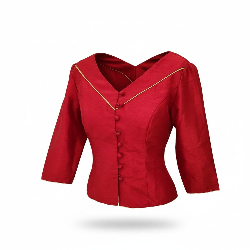 Red Thai-Lao blouse in size 48 with a V neckline edged in thin gold piping and covered buttons