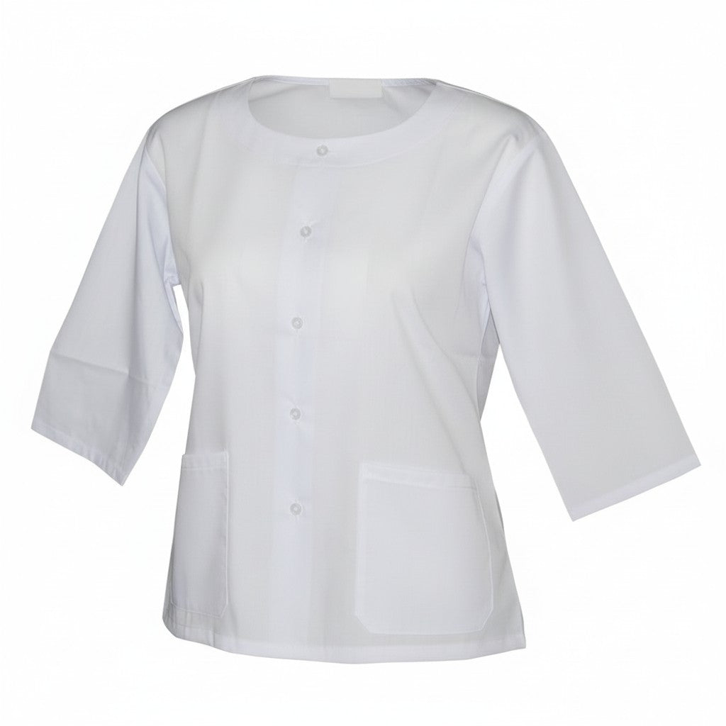 White button-front Thai-Lao temple blouse with three-quarter sleeves