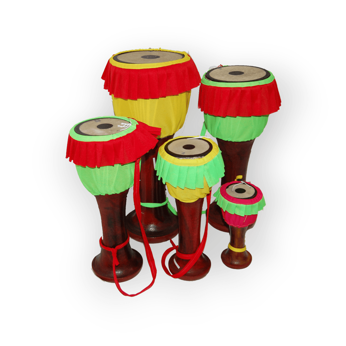Thai long drums with wood bodies, hide heads, and red, green, and yellow cloth skirts