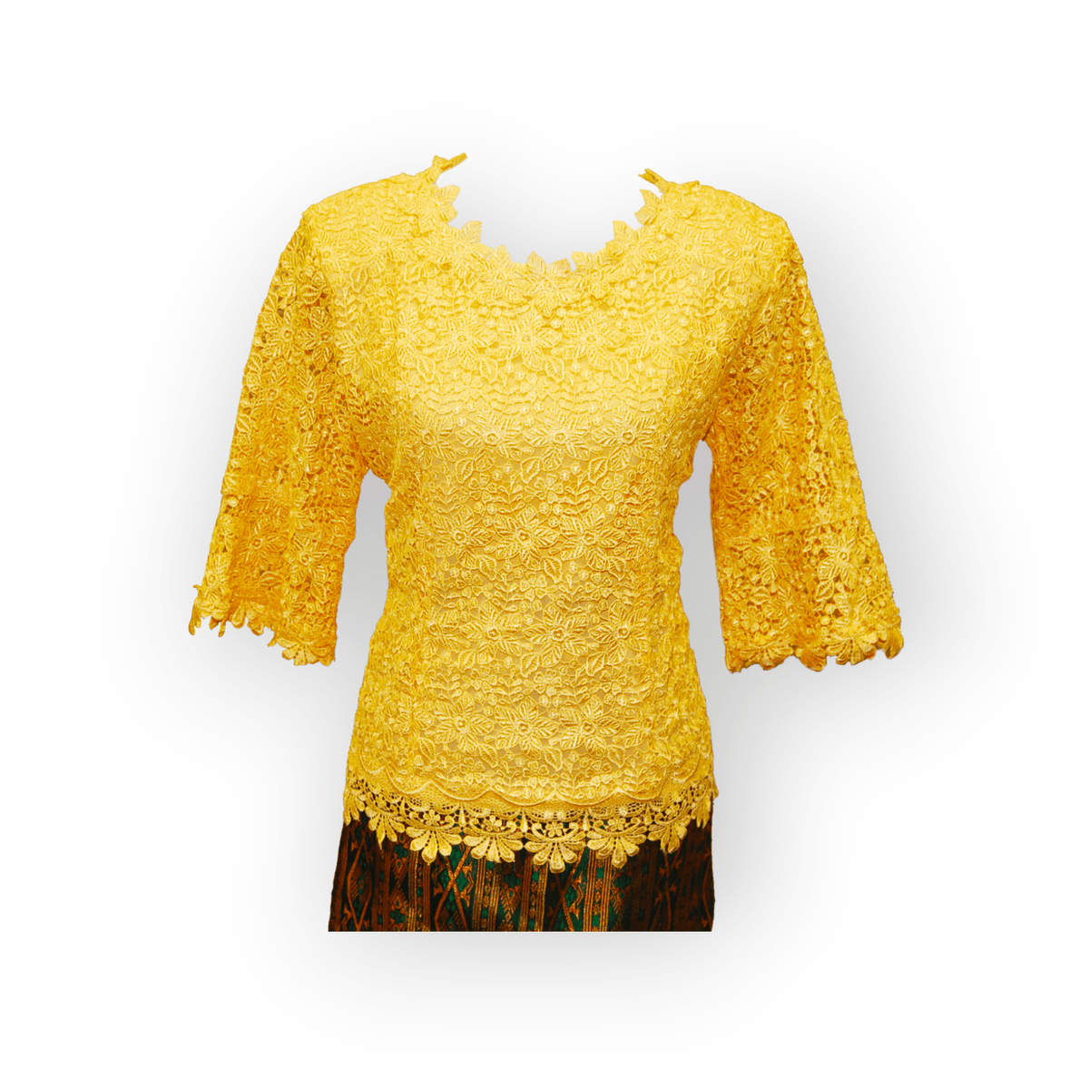 Bright gold lace Thai-Lao blouse with scalloped neckline