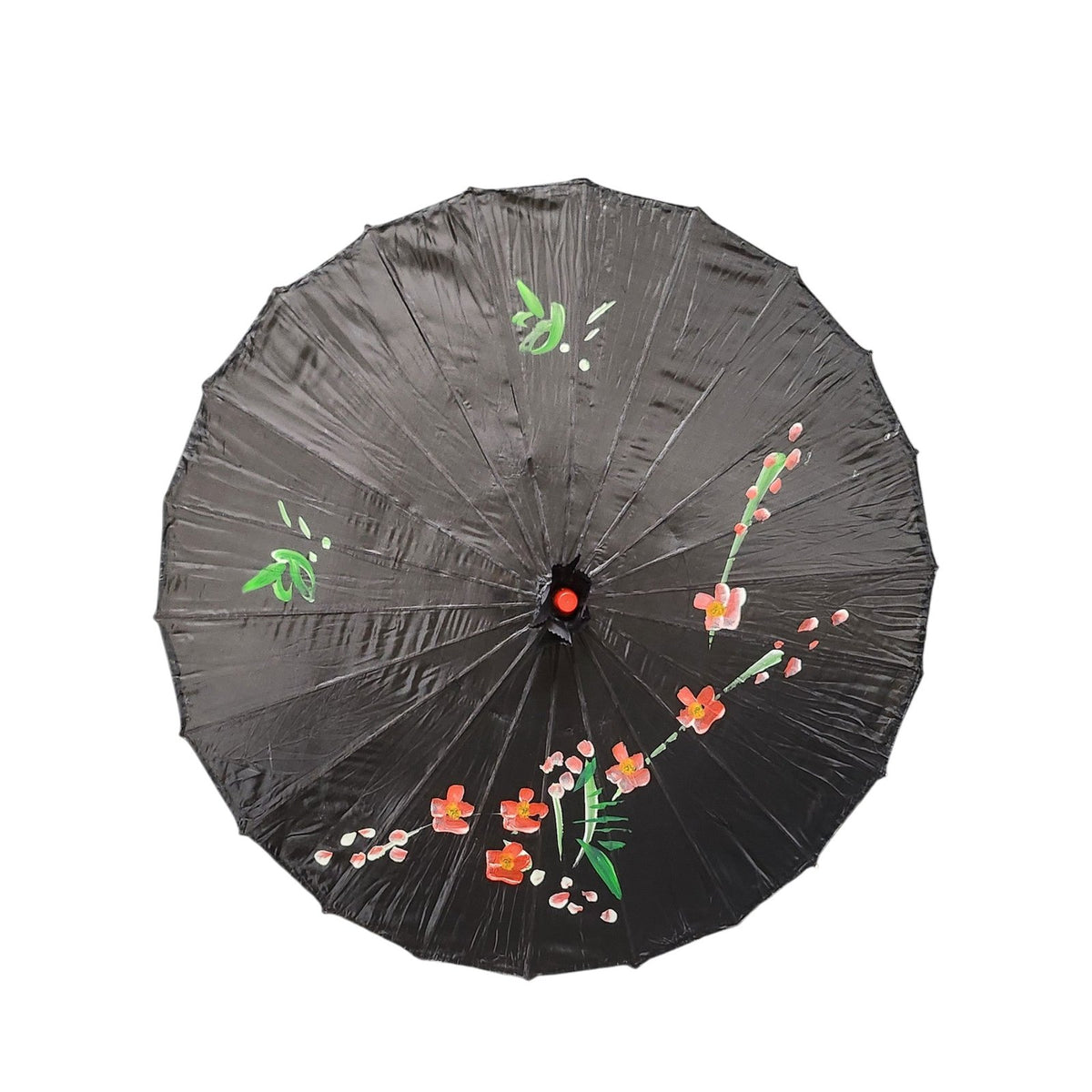 Black painted parasol with hand-painted flowers, top view