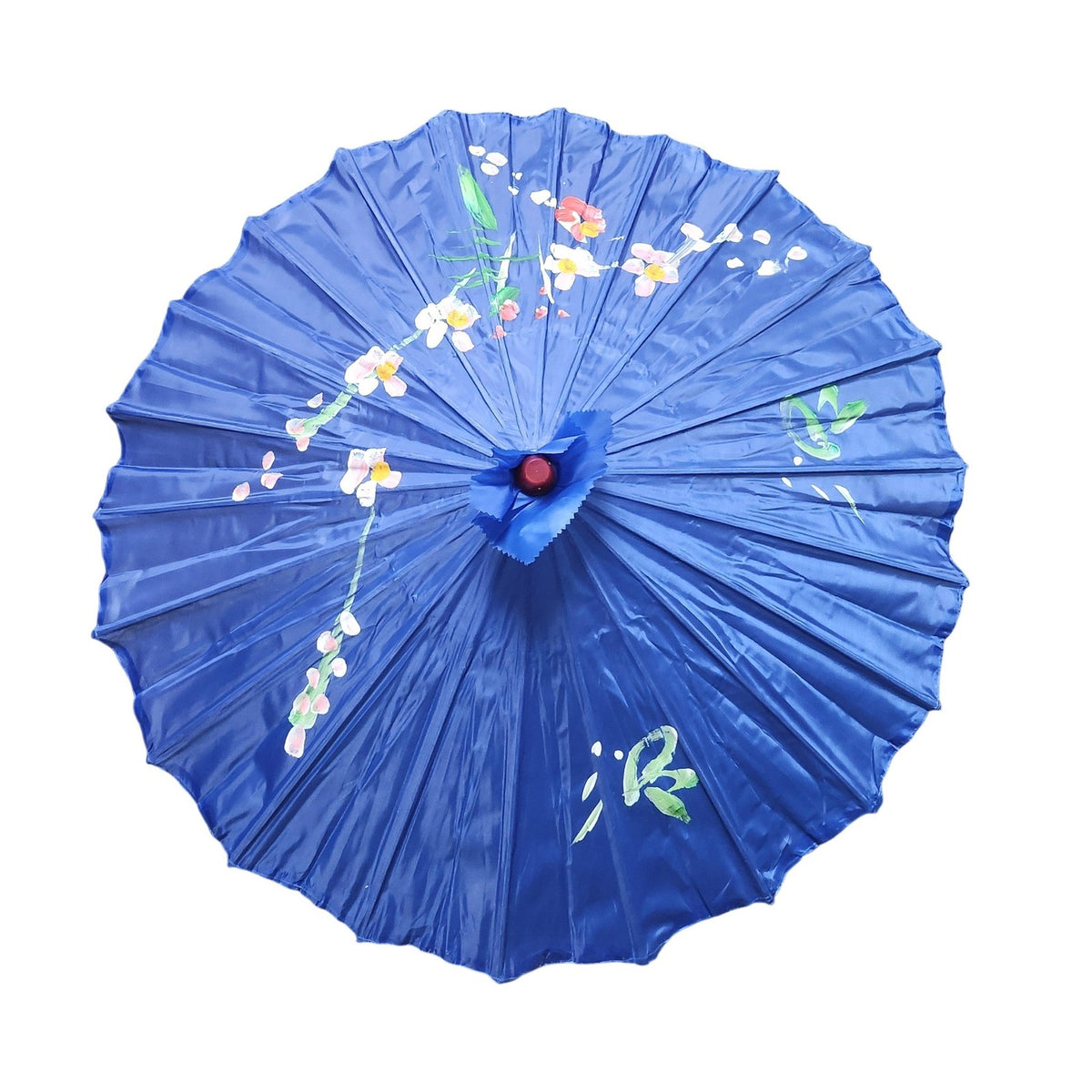 Dark blue painted parasol with hand-painted flowers, top view